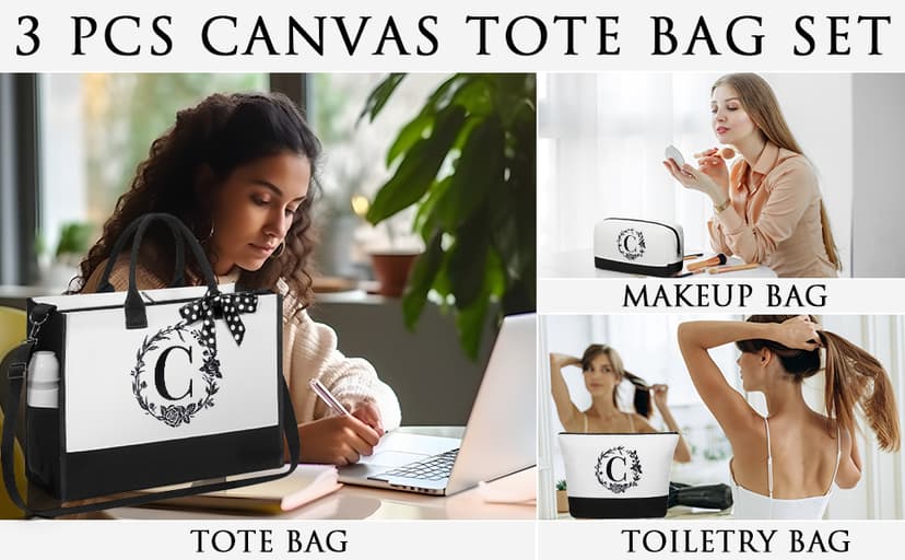 Personalized Christmas Gifts for Women, Initial Canvas Tote Bag & Makeup Bag Monogrammed Beach Tote Bags for Women w/Zipper, Birthday Gifts for Mom Her Sister Friend Girlfriend Wife Daughter Teacher
