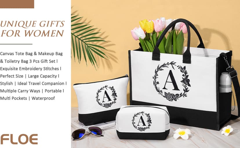 Personalized Christmas Gifts for Women, Initial Canvas Tote Bag & Makeup Bag Monogrammed Beach Tote Bags for Women w/Zipper, Birthday Gifts for Mom Her Sister Friend Girlfriend Wife Daughter Teacher