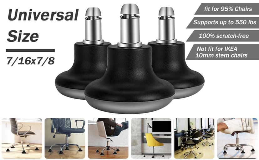 Bell Glides Replacement Office Chair Feet Swivel Caster Wheels to Fixed Stationary Castors, Short Profile with Separate Self Adhesive Felt Pads Black 5pcs