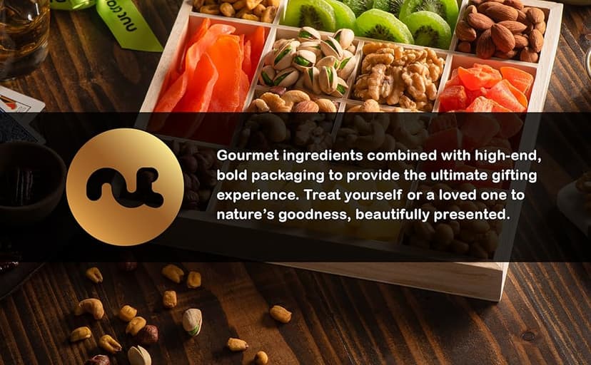 NUT CRAVINGS - Holiday Christmas Dried Fruit & Mixed Nuts Gift Basket in Reusable Wooden Tray + Ribbon (12 Assortments) Xmas Treats for Adults, Food Arrangement, Healthy Snack Care Package, Kosher