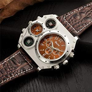 Avaner Men's Leather Wrist Watches: Big Face Dual Time Zone Oversized Large Dial Leather Strap Analog Quartz Watch