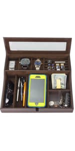 Mens Watch Box Leather Valet Tray - Bedside Table Organizer, Men's Jewelry Box, Watch Case for Men with Large Smartphone Charging Station - Jewelry Box for Men with Valet Box and Nightstand Organizer
