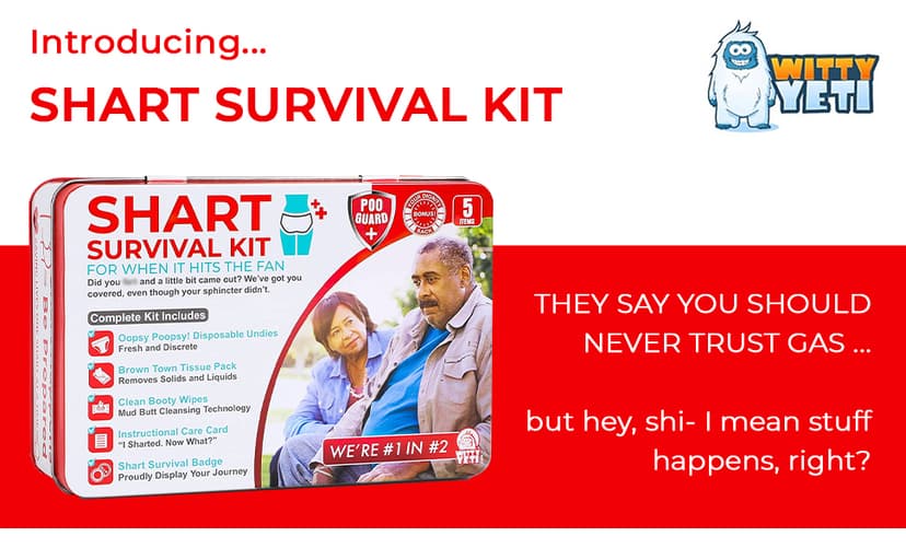 Funny Shart Survival Kit by Witty Yeti. Ultimate Poop Prank Gag Gift Set Contains Wet Wipes, Disposable Underwear, Tissues and Hilarious Badge. Novelty Fart Potty Pack Great for Friends or Family