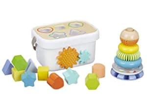 Amazon Basics Wooden Shape Sorter and Rainbow Stacker Classic Baby Toy Set-Sorting Play For Infants Age 12M+, Medium, Multicolor