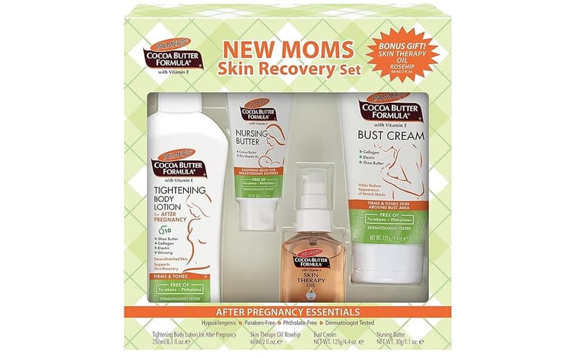 Palmer's Cocoa Butter Formula New Moms Skin Recovery Postpartum Essentials, Body Lotion (8.5 oz) + Nursing Butter (1.1 oz) + Bust Cream (4.4 oz) + Skin Therapy Oil (2 oz), Dermatologist Approved