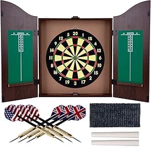 Dart Board Cabinet Set with 18-inch Dartboard, 6 Steel-Tip Darts, and Chalkboard Scoring for Game Rooms, Man Caves, and Home Bars by Trademark Poker