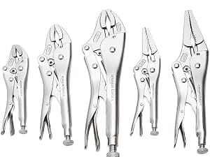 Amazon Basics 5-Piece CR-V Locking Pliers Set with Wire Cutters, 2 Straight Jaw, 3 Curved Jaw, 6.5-10 inch, Silver, Carrying Case