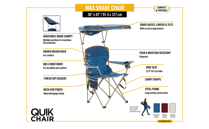 Quik Shade Max Shade High and Wide Folding Camp Tilt UV Sun Protection Canopy Chair