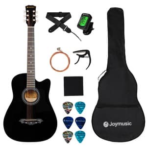 Joymusic 38 inch black beginner acoustic guitar,bundle with a strap with picks holder,digital tuner, set strings, capo,cleaning cloth,6 picks,gig bag.(JG-38C,BK)