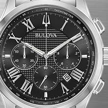 Bulova Men's Classic Wilton 3-Hand Chronograph, Luminous Hands, Roman Numeral Markers Domed Mineral Crystal, 43mm, Stainless Steel/Black Dial