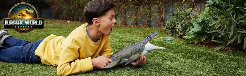 Mattel Jurassic World Rebirth Bite N Blast Mosasaurus Action Figure & Mini Dilophosaurus, Wide Jaw Dinosaur Toy, Movie-Accurate Posable, Digital Play