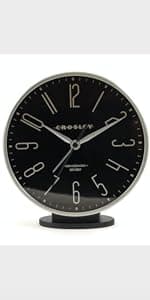 Crosley Vintage Art Deco Analog Alarm Clock, Quiet Ticking, Automatic Dimmable Smart Light, Simple Controls, (Black)