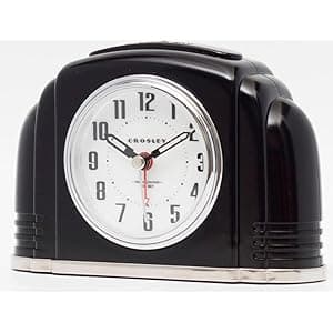 Crosley Vintage Art Deco Analog Alarm Clock, Quiet Ticking, Automatic Dimmable Smart Light, Simple Controls, (Black)