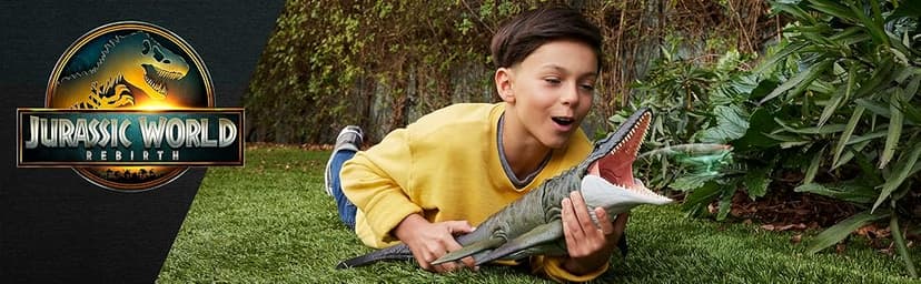 Mattel Jurassic World Rebirth Bite N Blast Mosasaurus Action Figure & Mini Dilophosaurus, Wide Jaw Dinosaur Toy, Movie-Accurate Posable, Digital Play