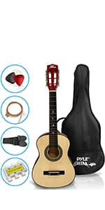 Pyle 30-Inch Beginner Acoustic Guitar Kit, 6-String Classical Style Travel Guitar for Kids & Adults - Includes Shoulder Strap, Strings, Picks, Tuning Pitch Pipe & Storage Gig Bag - Handcrafted Wood