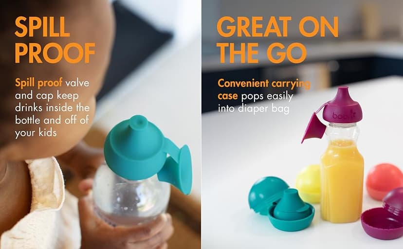 Boon Snug Sip Universal Water and Juice Silicone Bottle Toppers - Soft Spout Conversion Caps with Spill Proof Valves - Silicone Bottle Covers for Travel - Includes 4 Bottle Toppers and 4 Cases