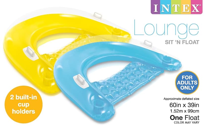 Intex 58859EP Sit 'N Float Inflatable Pool Float: Pool Lounge with Built-in Cup Holders – Heavy-Duty Handles – 220lb Weight Capacity – 58" x 39" – Colors May Vary