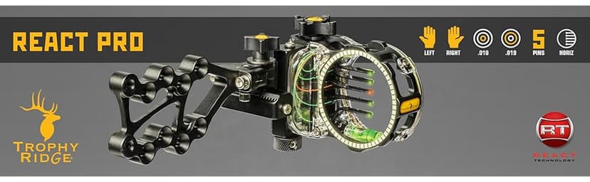 Trophy Ridge React Pro 5 Pin Bow Sight - Lighter, Stronger, More Reliable - Tool Less Windage and Elevation Adustability, 2nd/3rd Axis Leveling, Adjustable Click Light, Glow Ring
