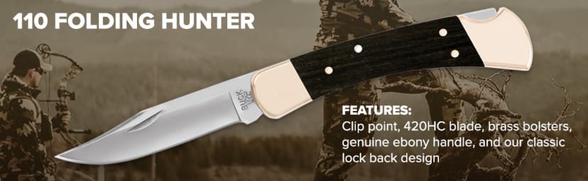 Buck Knives 110 Folding Hunter Knife, 3-3/4" Blade, Lockback Design, Ebony Handle, Brass Bolsters, 420HC Stainless Steel Clip Point Blade, Sheath Included, Hunting Knife Made in the USA, 7.2 oz