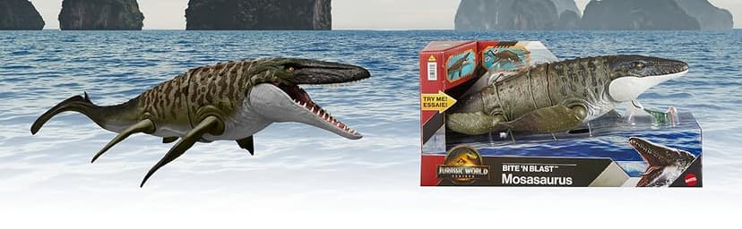 Mattel Jurassic World Rebirth Bite N Blast Mosasaurus Action Figure & Mini Dilophosaurus, Wide Jaw Dinosaur Toy, Movie-Accurate Posable, Digital Play
