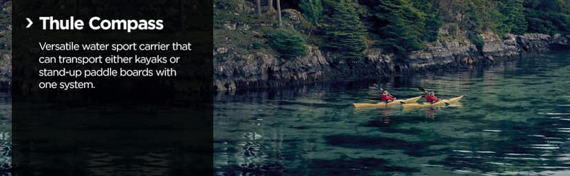 Thule Compass Kayak and SUP roof Rack - Carries 2 Kayaks or 2 SUPs - J-Style Carrier - Universal mounting Hardware Included - Fits 36" Wide Kayaks and SUPs - 130lb Weight Limit