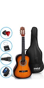 Pyle 30-Inch Beginner Acoustic Guitar Kit, 6-String Classical Style Travel Guitar for Kids & Adults - Includes Shoulder Strap, Strings, Picks, Tuning Pitch Pipe & Storage Gig Bag - Handcrafted Wood
