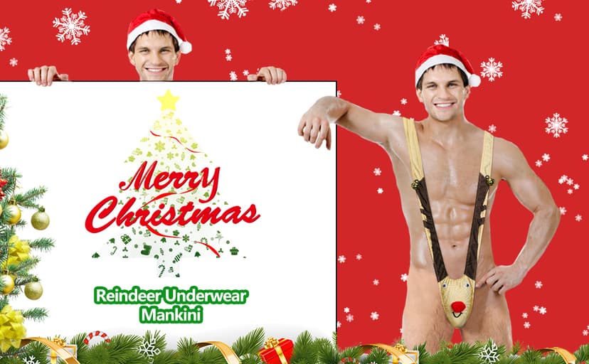 Rukisac Christmas Gag Gift Reindeer Underwear Mankini Men Thong Suits with Bells Pranks for White Elephant Exchange Gifts Valentines Day