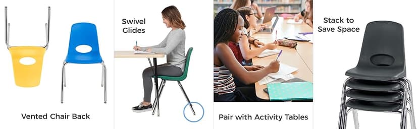 FDP 18" School Stack Chair, Stacking Student Seat with Chromed Steel Legs and Nylon Swivel Glides For In-Home Learning, Classroom or Office - Green (4-Pack), 10384-GN