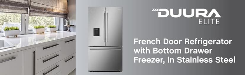 DE210FDBMDSS Refrigerator Built in with French Doors Adjustable Glass Shelves Dual Drawer Bottom Freezer with Ice Maker, LED Interior Light and Stainless Steel Exterior, 36-Inch, Metallic