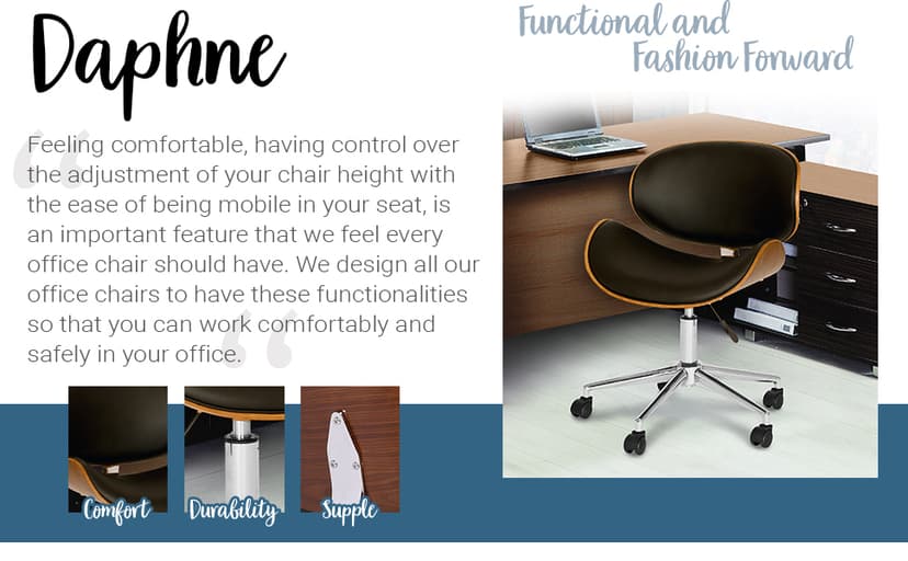 Armen Living Daphne Office Chair in Black Faux Leather and Chrome Finish, 33" x 21" x 20"