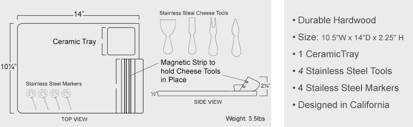 Picnic at Ascot Personalized Monogrammed Laser Engraved Hardwood Board for Cheese & Appetizers - Includes 4 Cheese Knives, Cheese Markers & Ceramic Dish - Designed in California