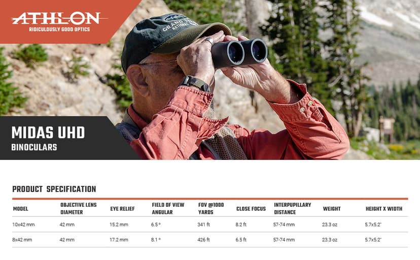 Athlon Optics 8x42 Midas UHD Gray Binoculars with ED Glass for Adults and Kids, High-Powered Binoculars for Hunting, Birdwatching, and More