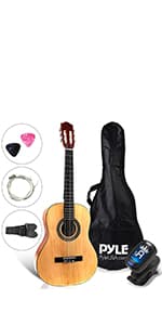 Pyle 30-Inch Beginner Acoustic Guitar Kit, 6-String Classical Style Travel Guitar for Kids & Adults - Includes Shoulder Strap, Strings, Picks, Tuning Pitch Pipe & Storage Gig Bag - Handcrafted Wood