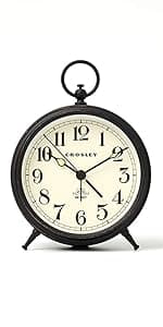 Crosley Vintage Art Deco Analog Alarm Clock, Quiet Ticking, Automatic Dimmable Smart Light, Simple Controls, (Black)