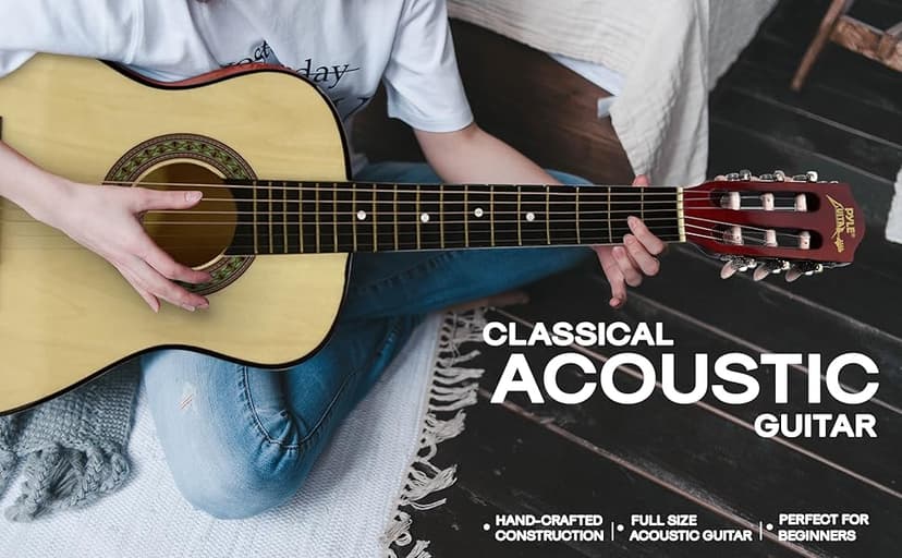 Pyle 30-Inch Beginner Acoustic Guitar Kit, 6-String Classical Style Travel Guitar for Kids & Adults - Includes Shoulder Strap, Strings, Picks, Tuning Pitch Pipe & Storage Gig Bag - Handcrafted Wood