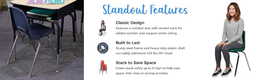 FDP 18" School Stack Chair, Stacking Student Seat with Chromed Steel Legs and Nylon Swivel Glides For In-Home Learning, Classroom or Office - Green (4-Pack), 10384-GN