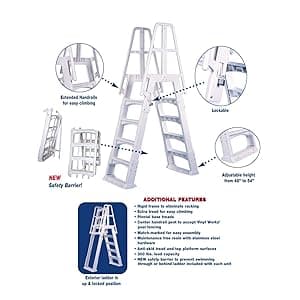 Vinyl Works SLA A-Frame 48 to 56 Inch Adjustable Above Ground Swimming Pool Ladder Entry System with Slide Lock Barrier and Handrails, White