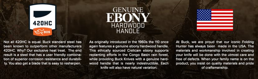 Buck Knives 110 Folding Hunter Knife, 3-3/4" Blade, Lockback Design, Ebony Handle, Brass Bolsters, 420HC Stainless Steel Clip Point Blade, Sheath Included, Hunting Knife Made in the USA, 7.2 oz