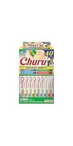 INABA Churu Cat Treats, Grain-Free, Lickable, Squeezable Creamy Purée Cat Treat/Topper with Vitamin E & Taurine, 0.5 Ounces Each Tube, 20 Tubes, Seafood Variety Box