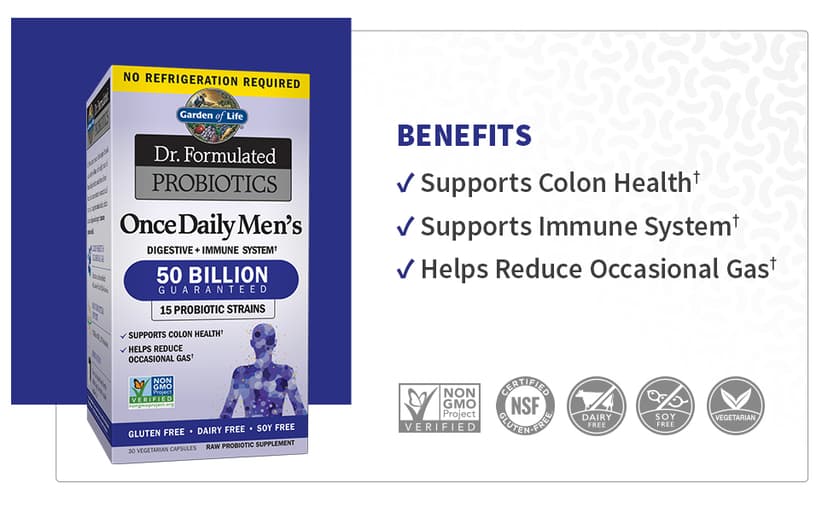 Garden of Life Garden of Life Probiotics for Men, Dr Formulated 50 Billion CFU 15 Probiotics for Digestive Health + Organic Prebiotic Fiber, Colon & Immune Support, Daily Gas Relief, Shelf Stable, 30 Capsules