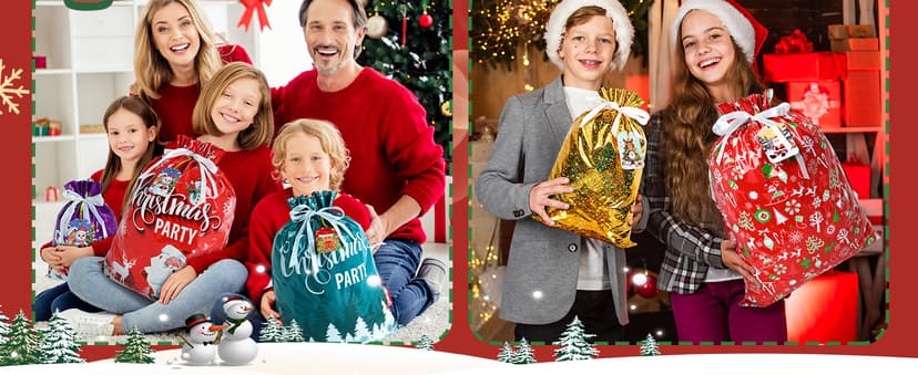 14 Styles Colorful Xmas gifts Bags with 20 Cards for Gifts Holiday Present Wrapping Xmas Decor 20 Pcs Christmas Drawstring Gift Bags, Assorted Sizes with More Large Bag. B0H7MP6FX5
