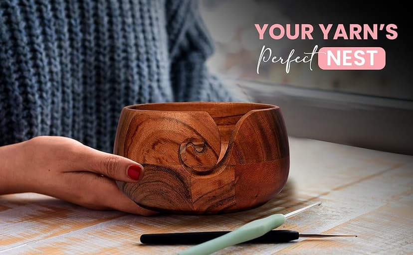 Samhita Acacia Wood Wooden Yarn Bowl for Crocheting & Knitting Hand Made by Indian Artisans Birthday Gifts for Mom & Knitting Lovers (6" x 6" x 3")