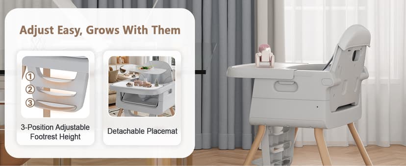 Baby High Chair for 6 Months+, Foldable High Chairs for Babies and Toddlers, Convertible High Chair, Adjustable Tray & Footrest, Portable High Chair & Easy to Clean(Grey with Wood Grain)