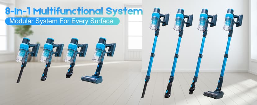 Cordless Vacuum Cleaner, 45kPa 60Min Vacuum Cleaners For Home, Powerful Stick Vacuum Rechargeable With Green Light, Anti tangle Wall Mount, 8 in 1 Lightweight Vacuum For Hardwood Floor Pet Hair Carpet