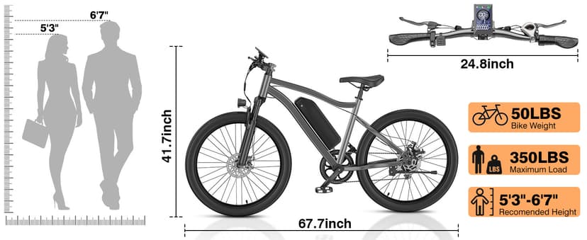 Electric Bike for Adults, 26" Commuter Ebikes with 7-Speed Gears, 25MPH Lightweight E Bike, 720W Peak Motor, 375Wh Removable Battery, 50 Miles Range, Electric Mountain Bicycle for All Terrain