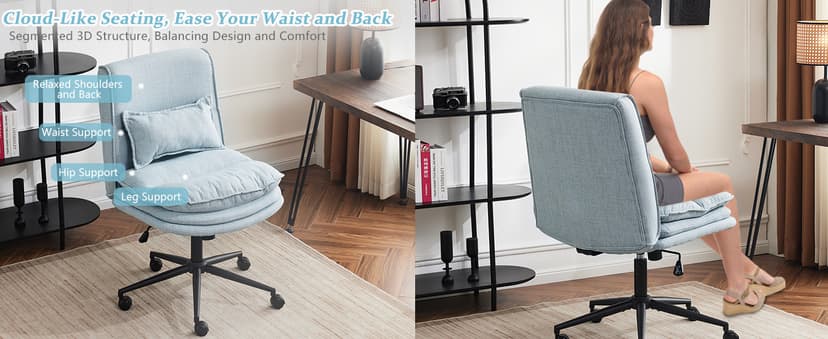 VINGLI Cloud Criss Cross Legged Chair,18" High Back Armless Home Office Desk Chair with Wheels,Wide Adjustable Comfy Padded Seat Task Computer Chair,Modern Swivel Makeup Vanity Chair,Fabric,Blue