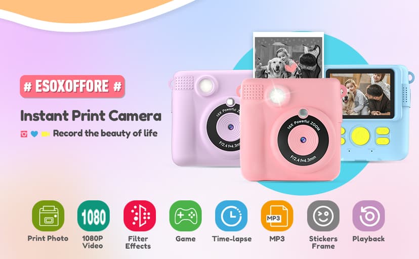 Instant Print Camera for Kids, Christmas Birthday Gifts for Girls Boys, HD Digital Video Cameras for Toddler, Portable Toy for 4 5 6 7 8 9 10 Year Old Girl with 32GB SD Card-Purple