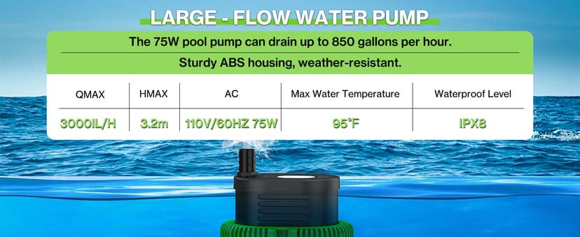 Pool Cover Pump above Ground - Submersible Water Sump Pump Swimming Water Removal Pumps, with Drainage Hose & 25 Feet Extra Long Power Cord, 850 GPH inGround, 3 Adapters
