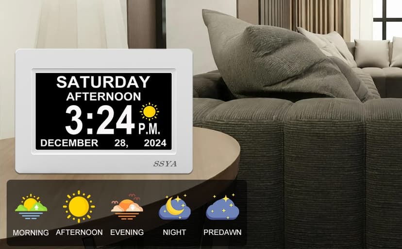 SSYA Digital Calendar Alarm Clock - Dementia Clocks for Seniors, Non-Abbreviated Memory Loss Clock with Date and Time for Elderly (White)