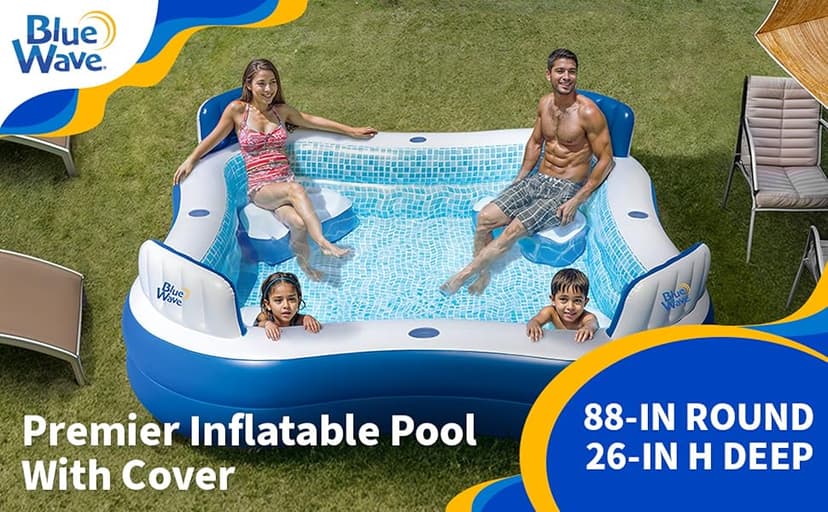 Blue Wave Premier Family Inflatable Pool with Seats – 88-in x 88-in x 26-in Four-Seater Pool for Backyard Fun – Durable 4-Person Inflatable Pool with Cover, Drain Plug & Repair Patch